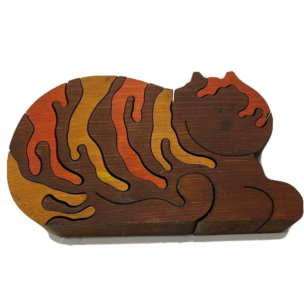 Vintage 80s Handmade signed Wood Block Cat Puzzle home decor